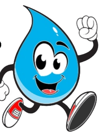 Friendly water drop mascot representing Leak Be Gone Plumbing services.