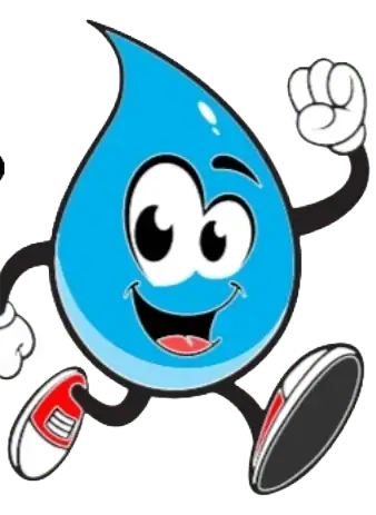 Friendly water drop mascot representing Leak Be Gone Plumbing services.