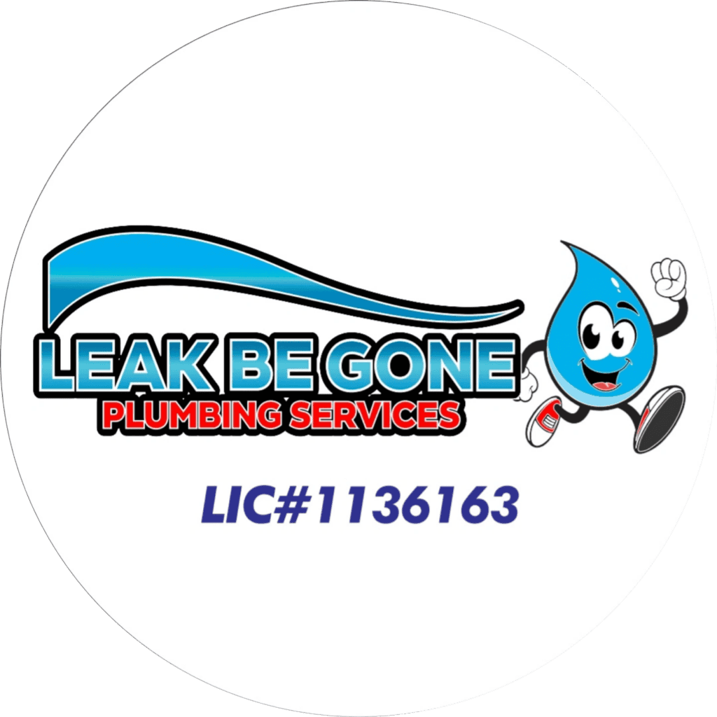 Leak Be Gone Plumbing logo featuring a cartoon water droplet mascot running.