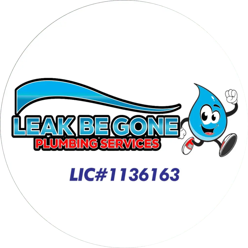 Leak Be Gone Plumbing logo featuring a cartoon water droplet mascot running.